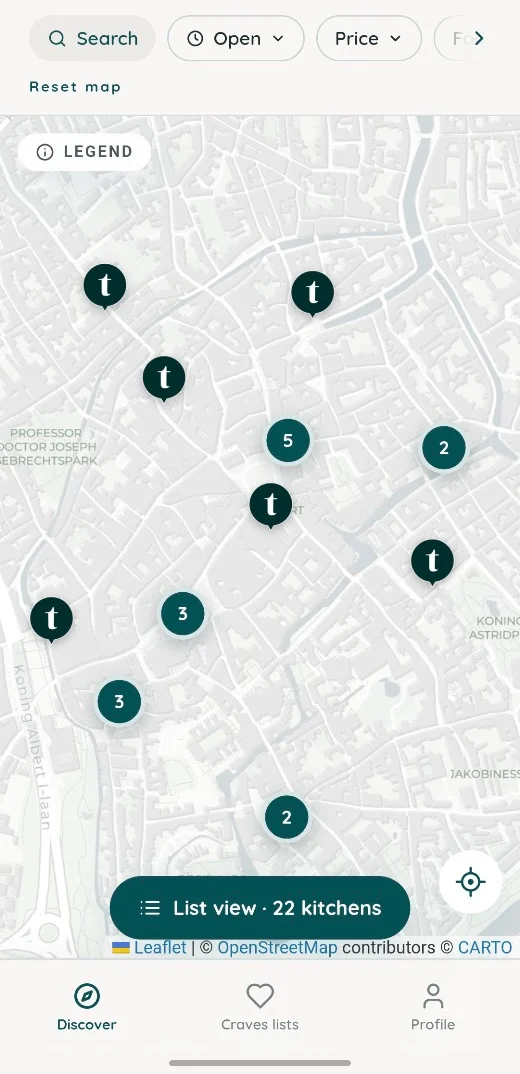 The My Treats webapp map view with restaurant pins